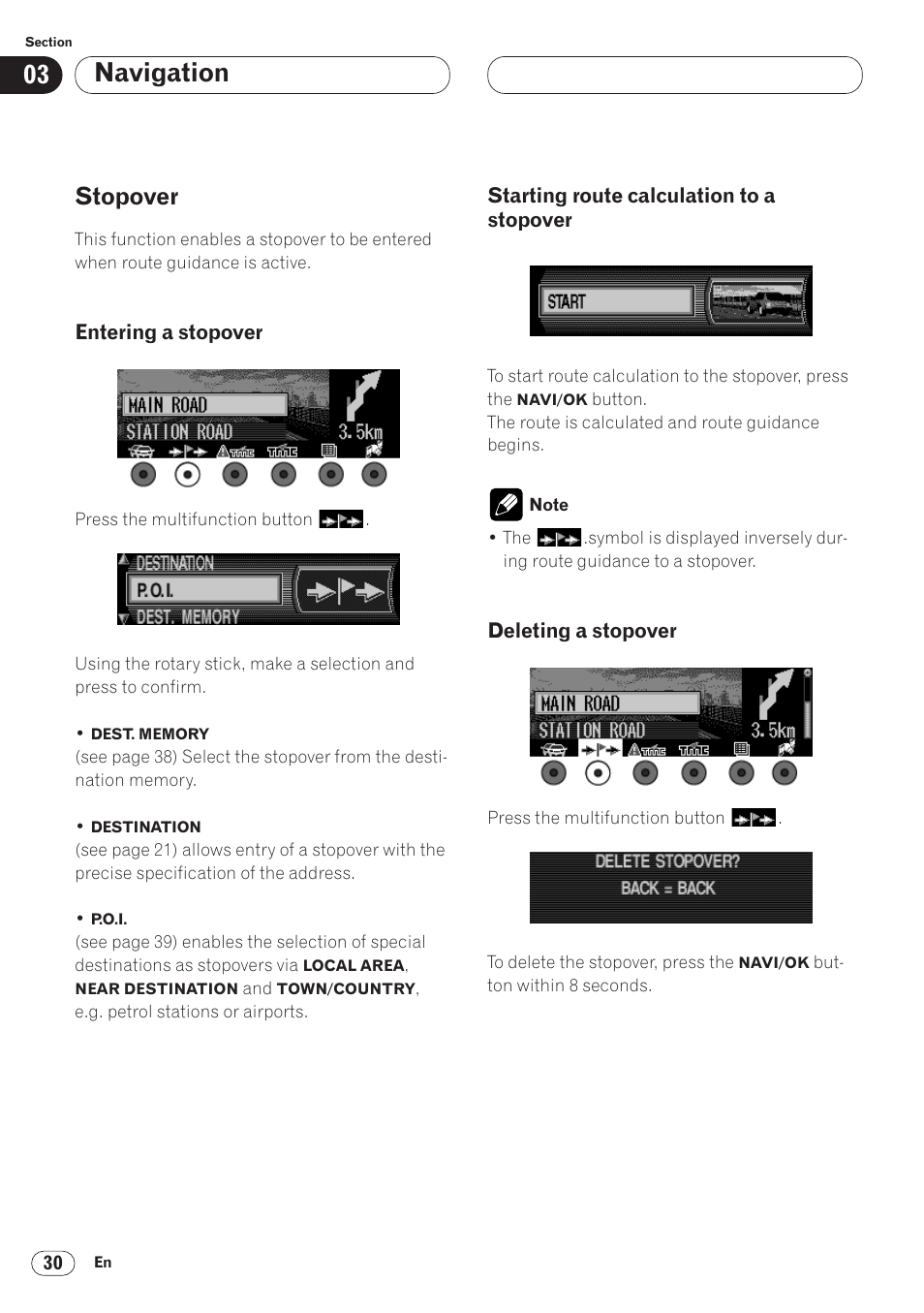 Stopover 30, A stopover 30, Deleting a stopover 30 | Navigation, Stopover | Pioneer ANH-P9R-BK User Manual | Page 30 / 92