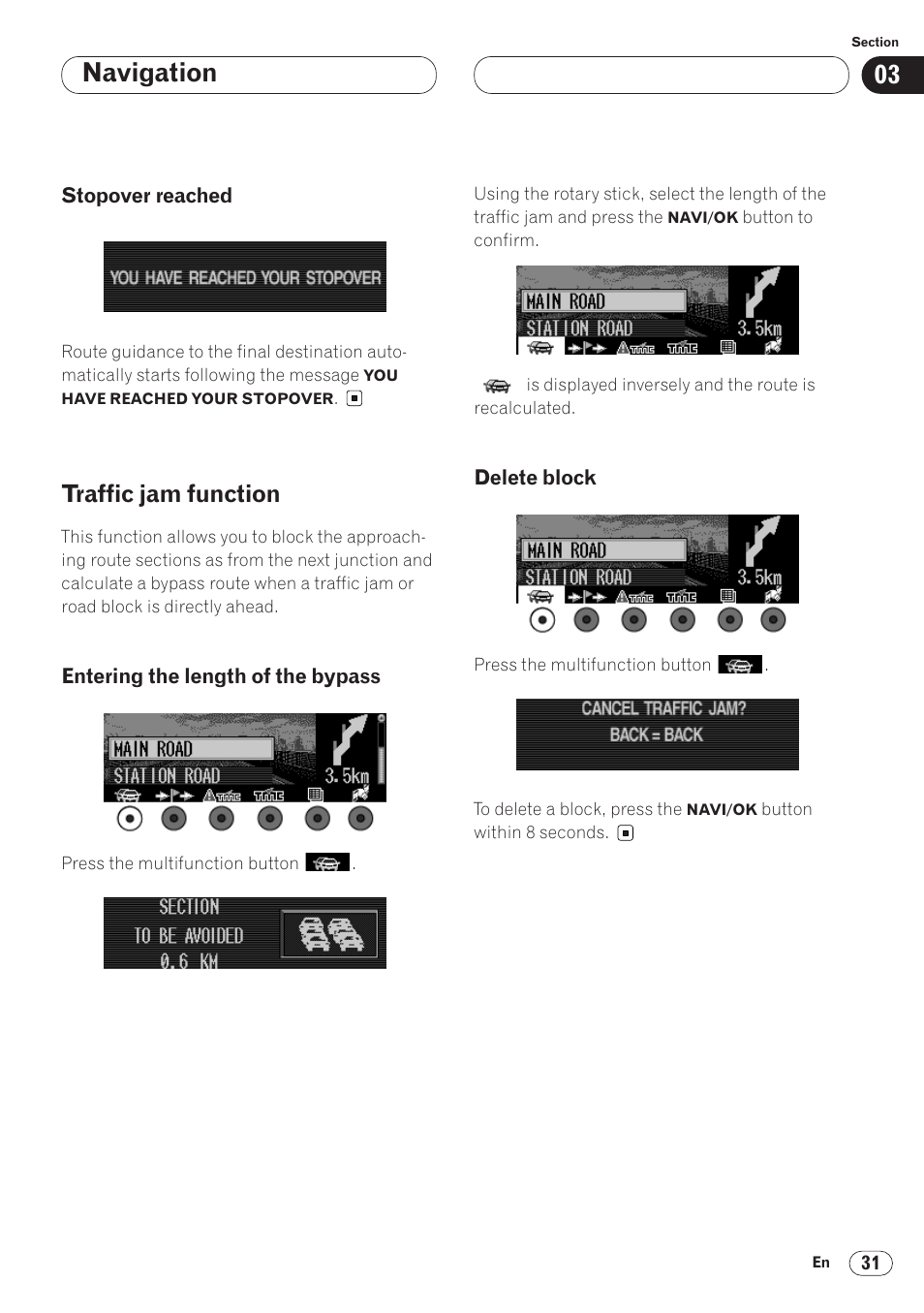 Stopover reached 31, Traffic jam function 31, Navigation | Traffic jam function | Pioneer ANH-P9R-BK User Manual | Page 31 / 92