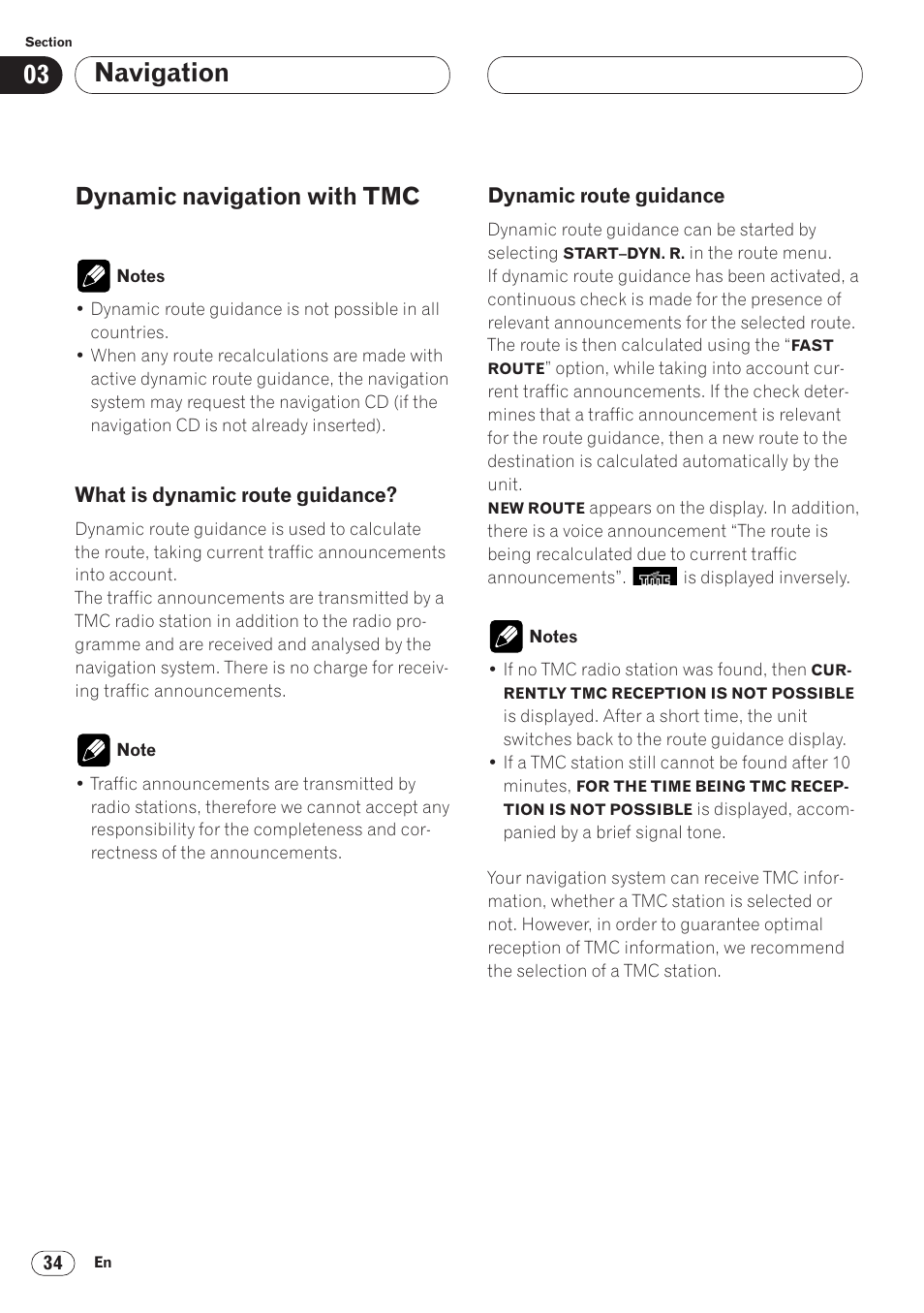 Dynamic navigation with tmc 34, Navigation, Dynamic navigation with tmc | Pioneer ANH-P9R-BK User Manual | Page 34 / 92