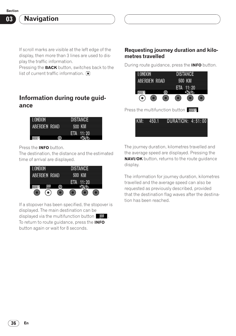 Information during route guidance 36, Requesting journey duration, And kilometres travelled 36 | Navigation, Information during route guid- ance | Pioneer ANH-P9R-BK User Manual | Page 36 / 92