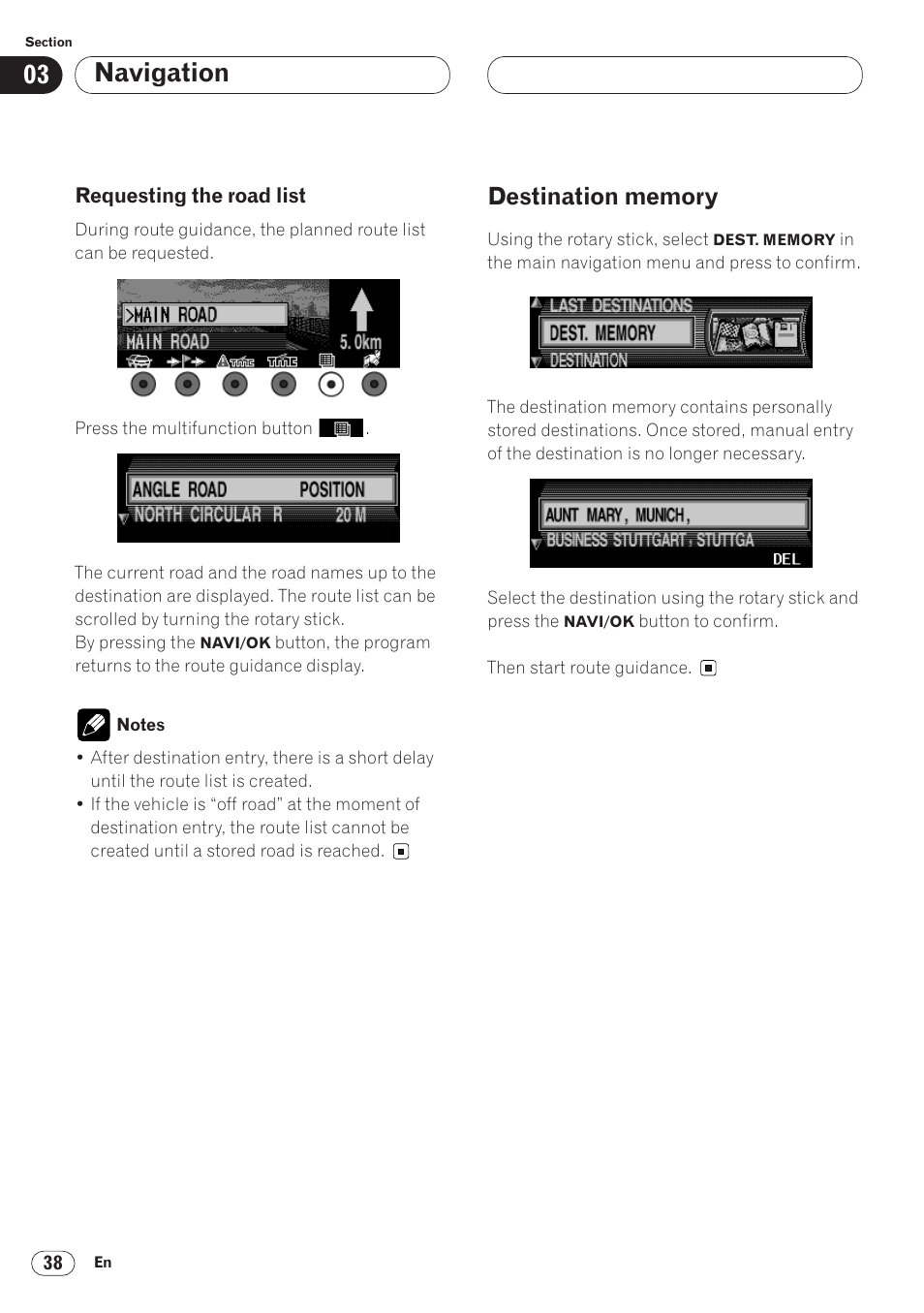 Requesting the road list 38, Destination memory 38, Navigation | Pioneer ANH-P9R-BK User Manual | Page 38 / 92