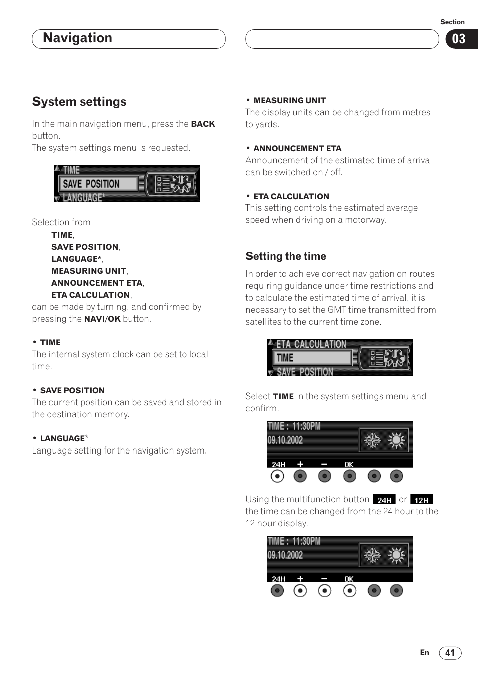 System settings 41, Setting the time 41, Navigation | System settings | Pioneer ANH-P9R-BK User Manual | Page 41 / 92