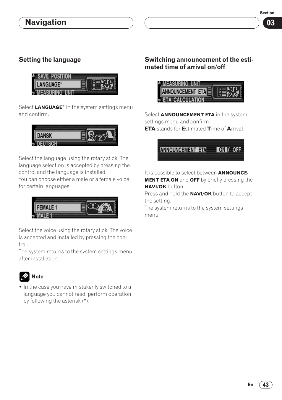 The estimated time of arrival on/off 43, Navigation | Pioneer ANH-P9R-BK User Manual | Page 43 / 92