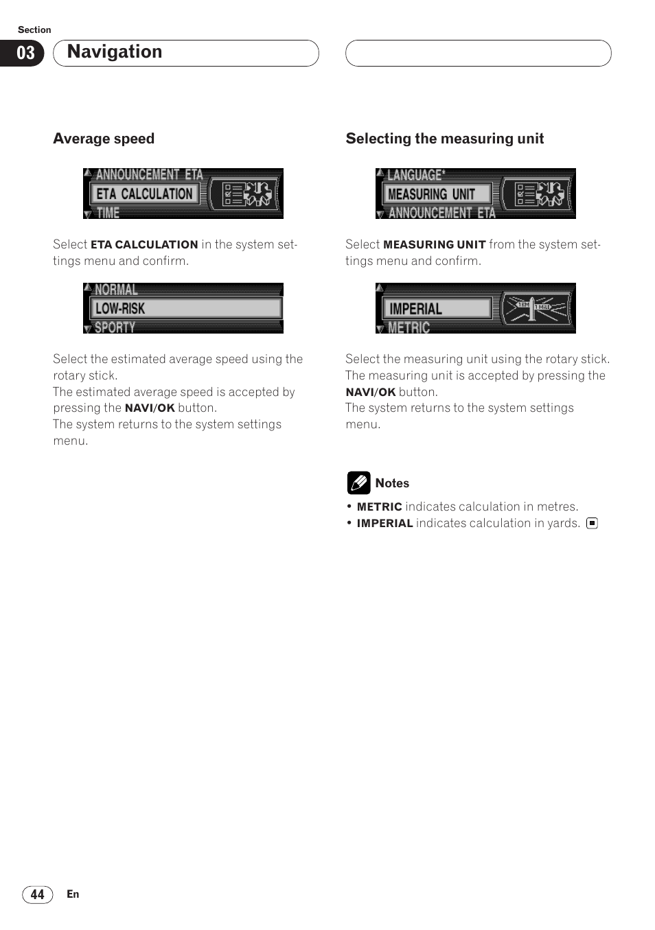 Average speed 44 • selecting the measuring unit 44, Navigation | Pioneer ANH-P9R-BK User Manual | Page 44 / 92