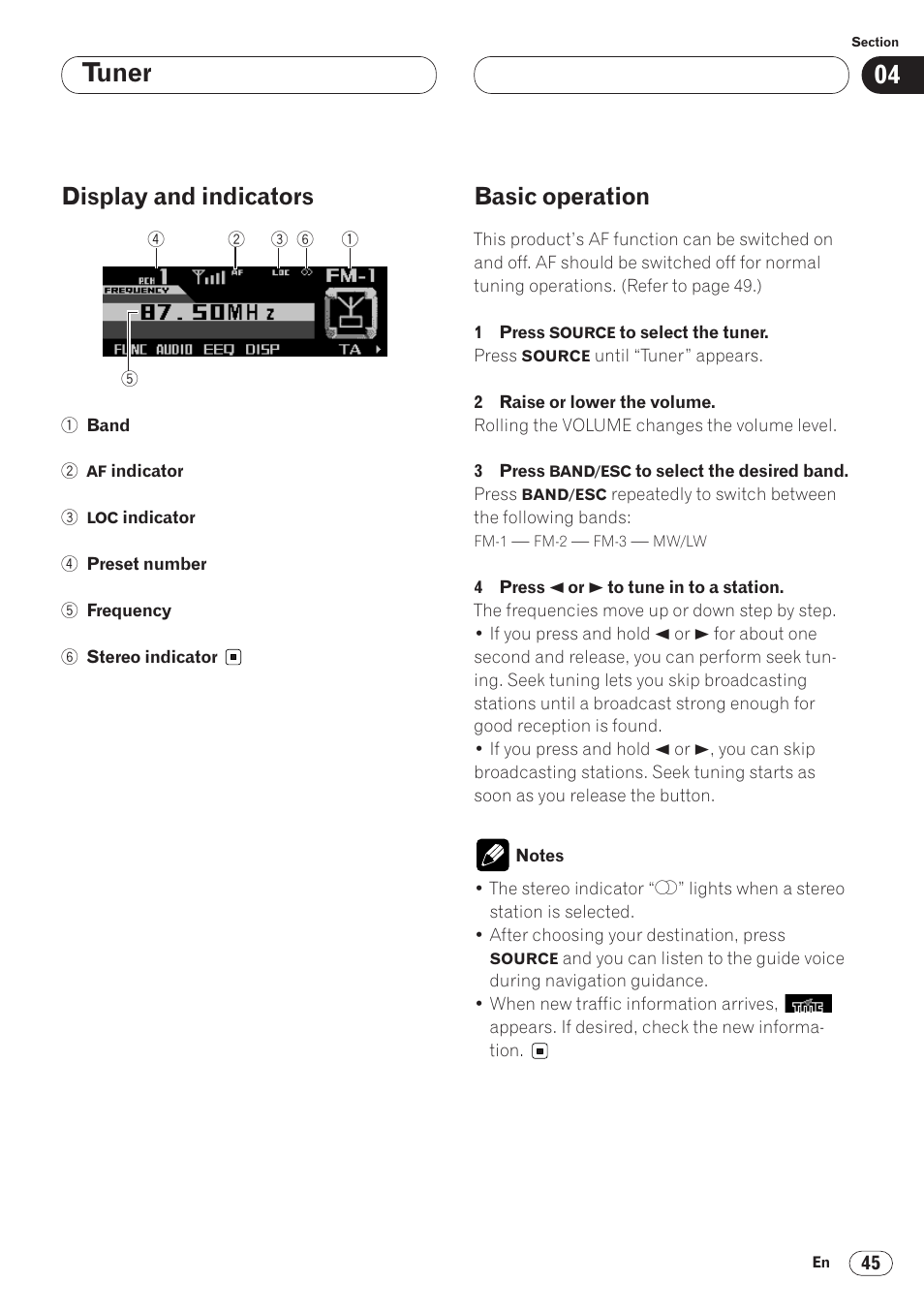 Tuner display and indicators 45 basic operation 45, Tuner, Display and indicators | Basic operation | Pioneer ANH-P9R-BK User Manual | Page 45 / 92