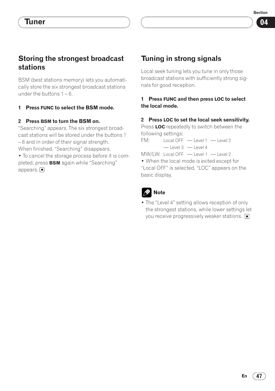 Tuner, Storing the strongest broadcast stations, Tuning in strong signals | Pioneer ANH-P9R-BK User Manual | Page 47 / 92