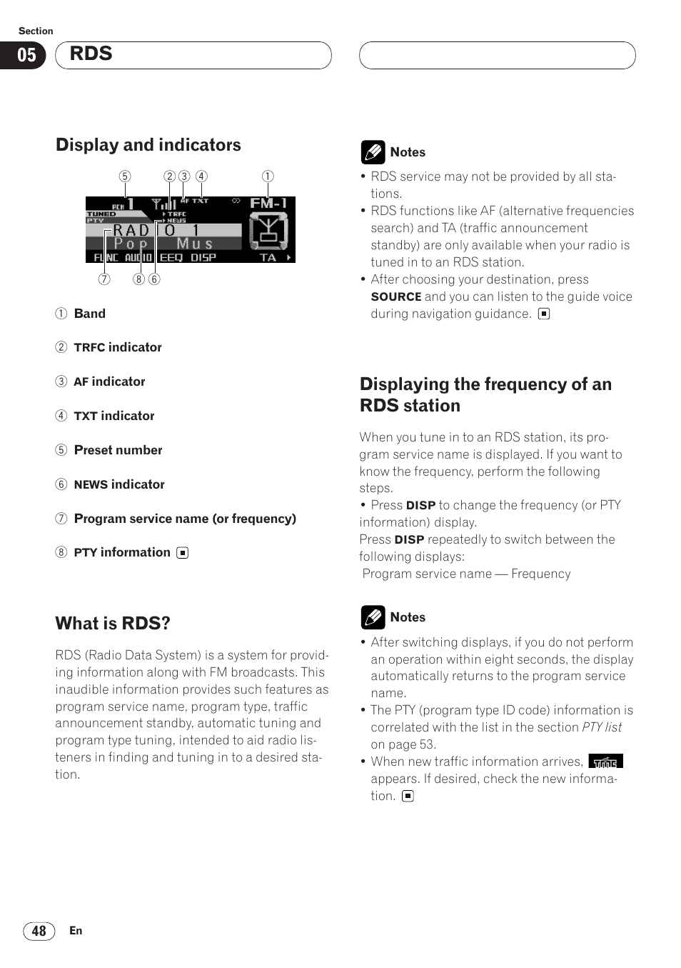 Station 48, Display and indicators, What is rds | Displaying the frequency of an rds station | Pioneer ANH-P9R-BK User Manual | Page 48 / 92