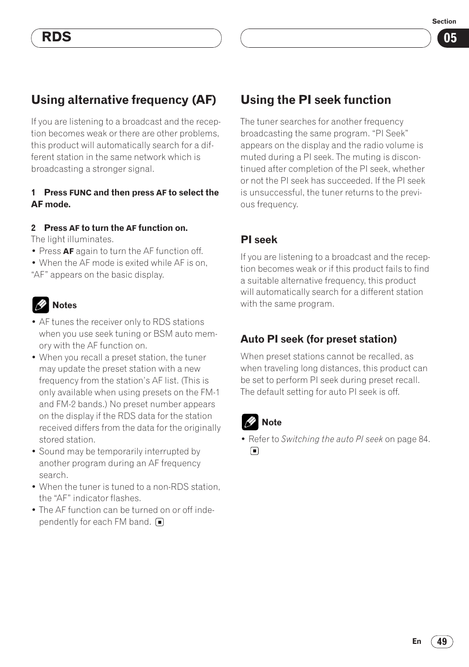 Pi seek 49 • auto pi seek (for preset station) 49, Using alternative frequency (af), Using the pi seek function | Pioneer ANH-P9R-BK User Manual | Page 49 / 92