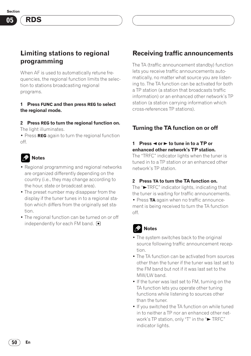 Limiting stations to regional, Programming 50, Receiving traffic announcements 50 | Turning the ta function on or off 50, Limiting stations to regional programming, Receiving traffic announcements | Pioneer ANH-P9R-BK User Manual | Page 50 / 92
