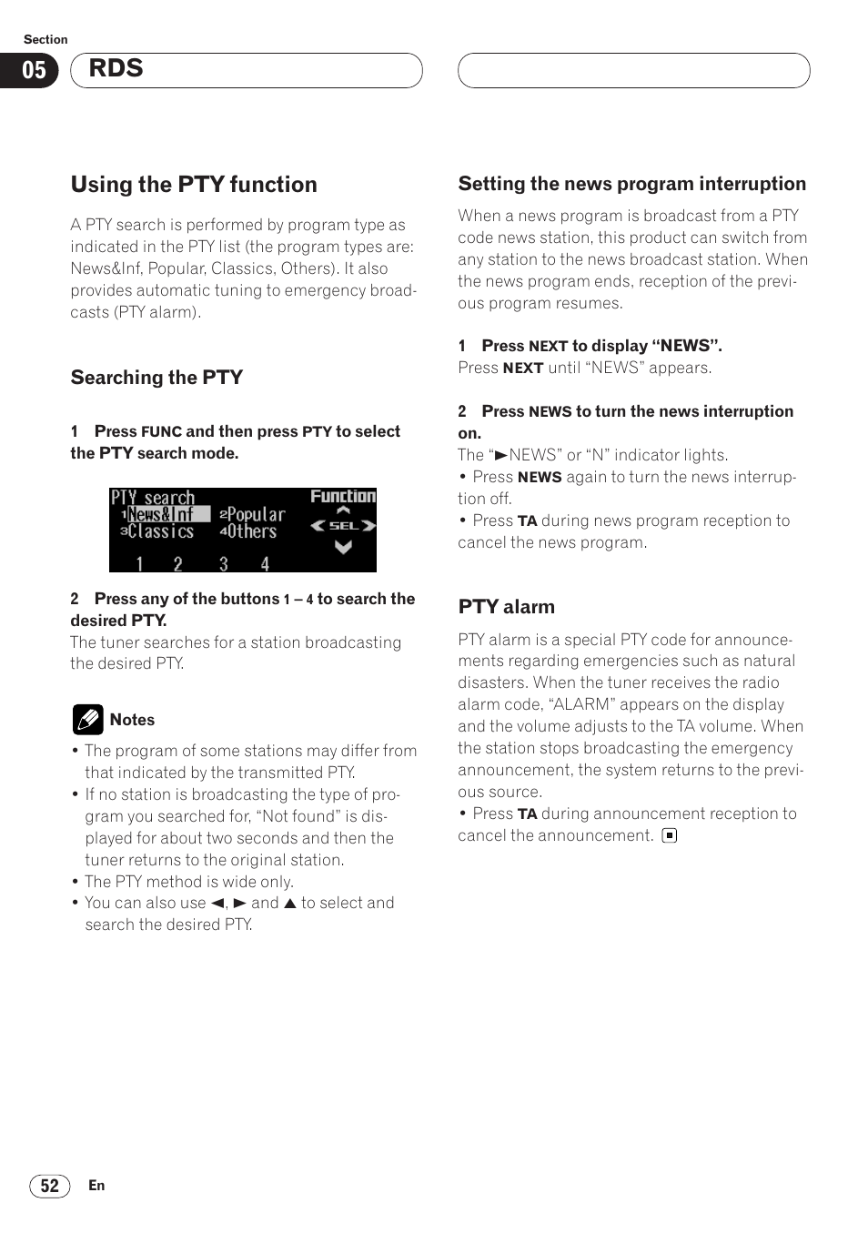 Using the pty function 52, Searching the pty 52 • setting the news program, Interruption 52 | Pty alarm 52, Using the pty function | Pioneer ANH-P9R-BK User Manual | Page 52 / 92