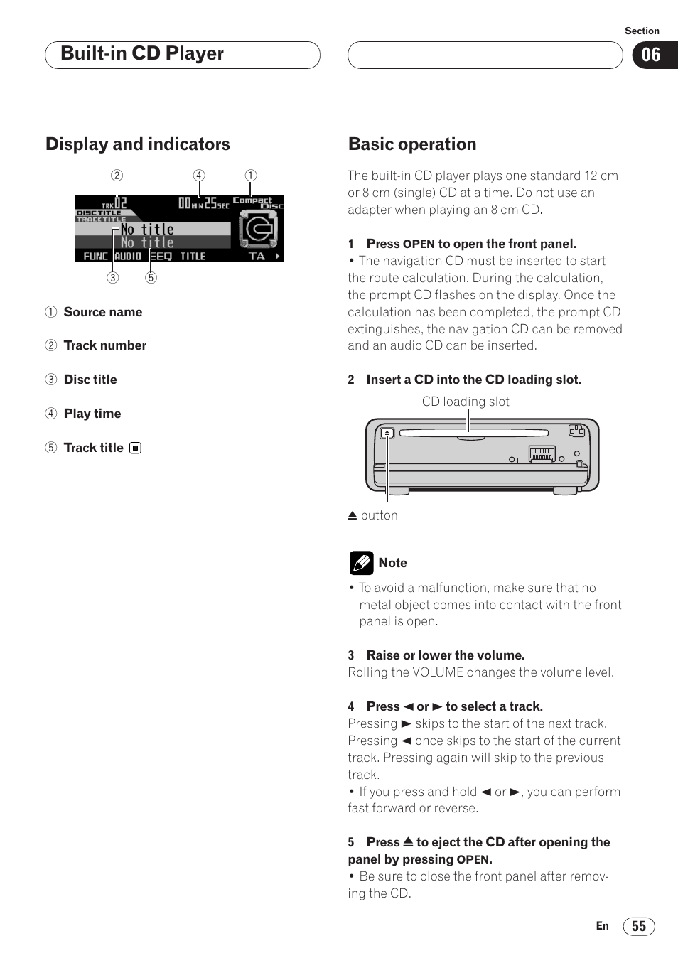 Built-in cd player, Display and indicators, Basic operation | Pioneer ANH-P9R-BK User Manual | Page 55 / 92