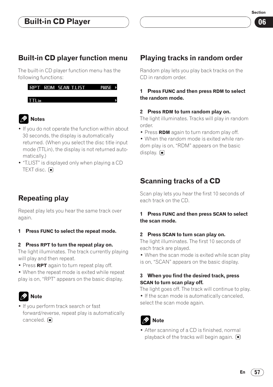 Built-in cd player, Built-in cd player function menu, Repeating play | Playing tracks in random order, Scanning tracks of a cd | Pioneer ANH-P9R-BK User Manual | Page 57 / 92