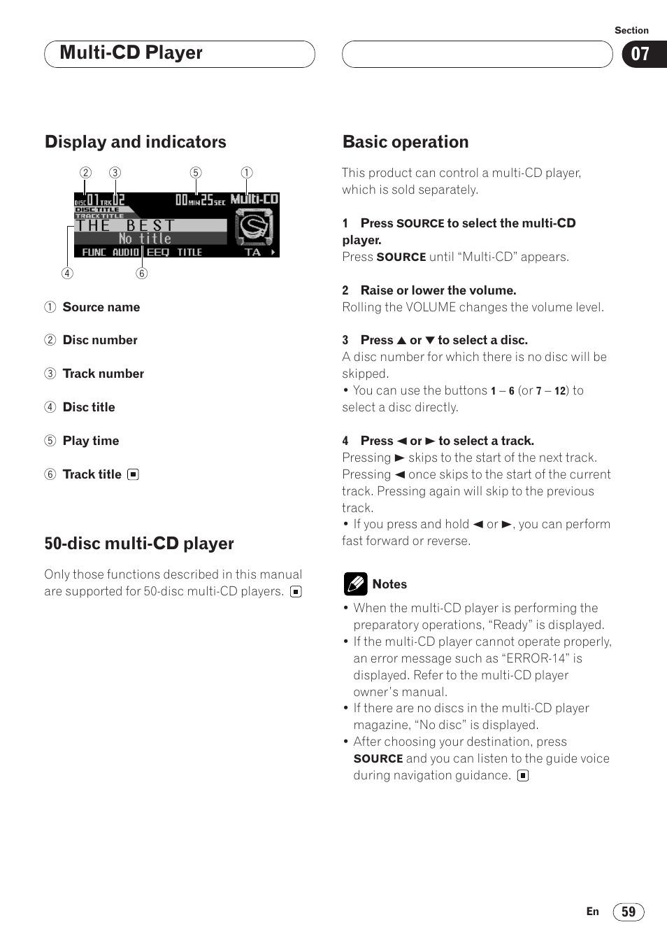 Multi-cd player, Display and indicators, Disc multi-cd player | Basic operation | Pioneer ANH-P9R-BK User Manual | Page 59 / 92