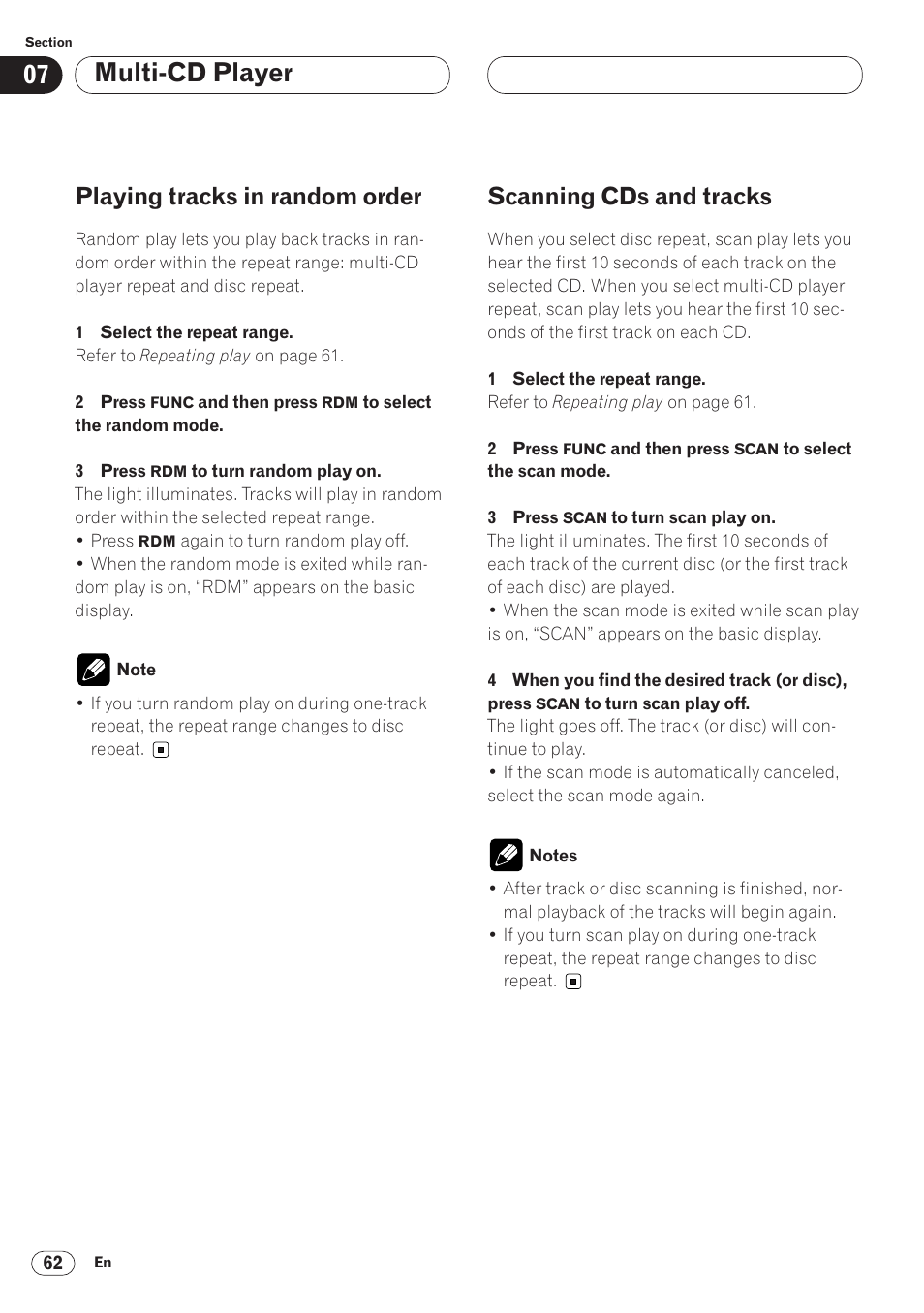 Multi-cd player, Playing tracks in random order, Scanning cds and tracks | Pioneer ANH-P9R-BK User Manual | Page 62 / 92