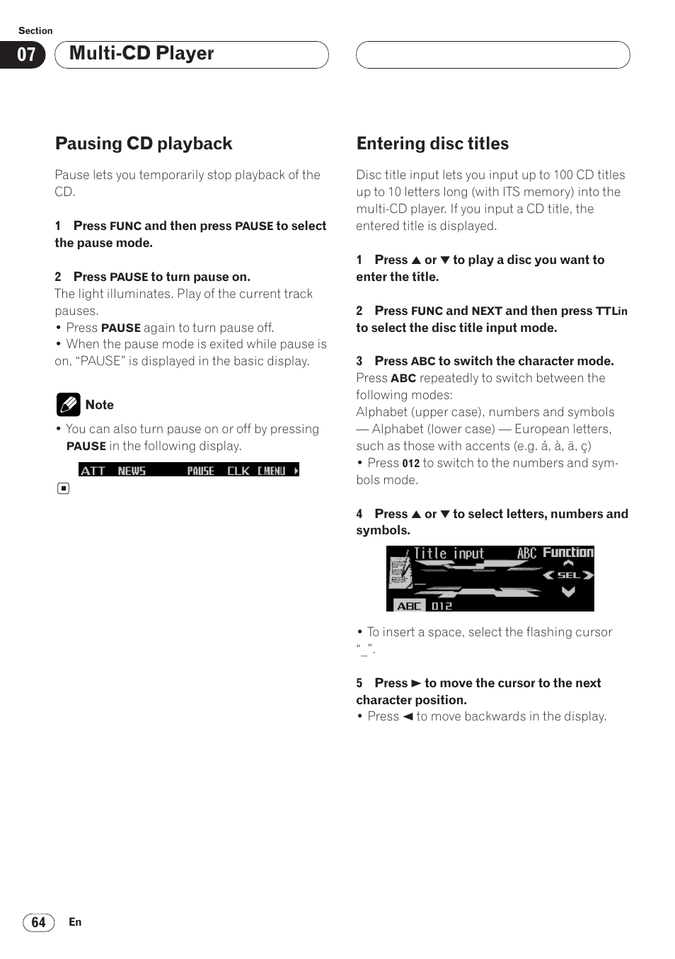 Pausing cd playback 64 entering disc titles 64, Multi-cd player, Pausing cd playback | Entering disc titles | Pioneer ANH-P9R-BK User Manual | Page 64 / 92