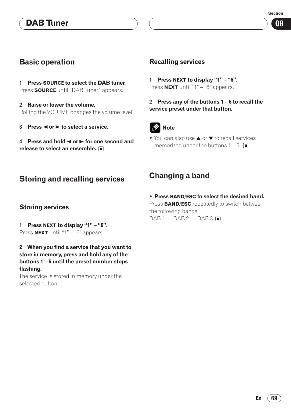 Storing services 69 • recalling services 69, Changing a band 69, Dab tuner | Basic operation, Storing and recalling services, Changing a band | Pioneer ANH-P9R-BK User Manual | Page 69 / 92
