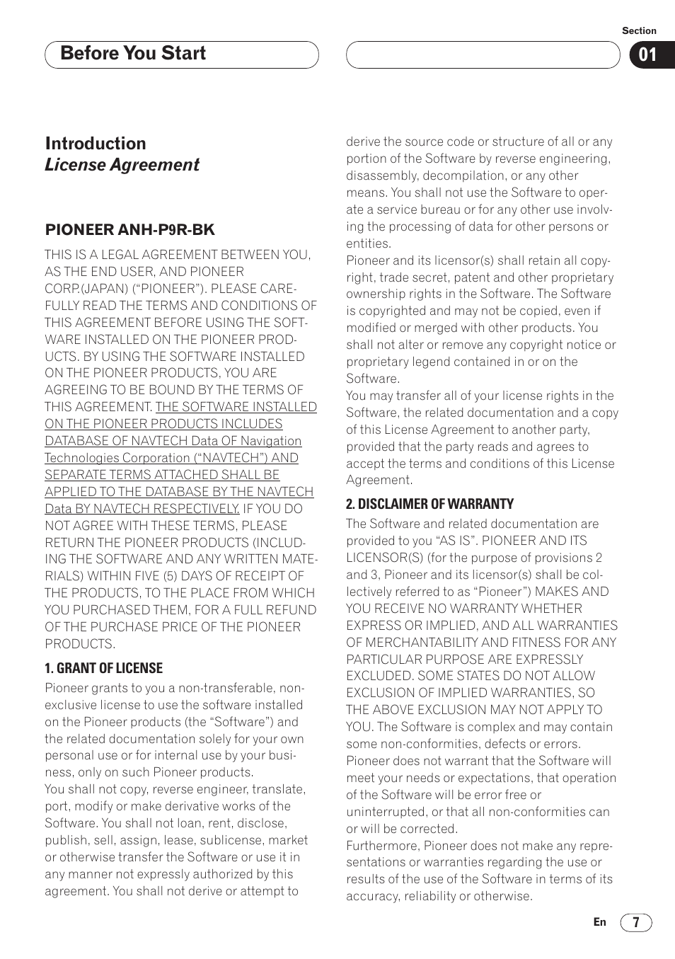 Pioneer anh-p9r, Bk 7, Before you start | Introduction license agreement | Pioneer ANH-P9R-BK User Manual | Page 7 / 92