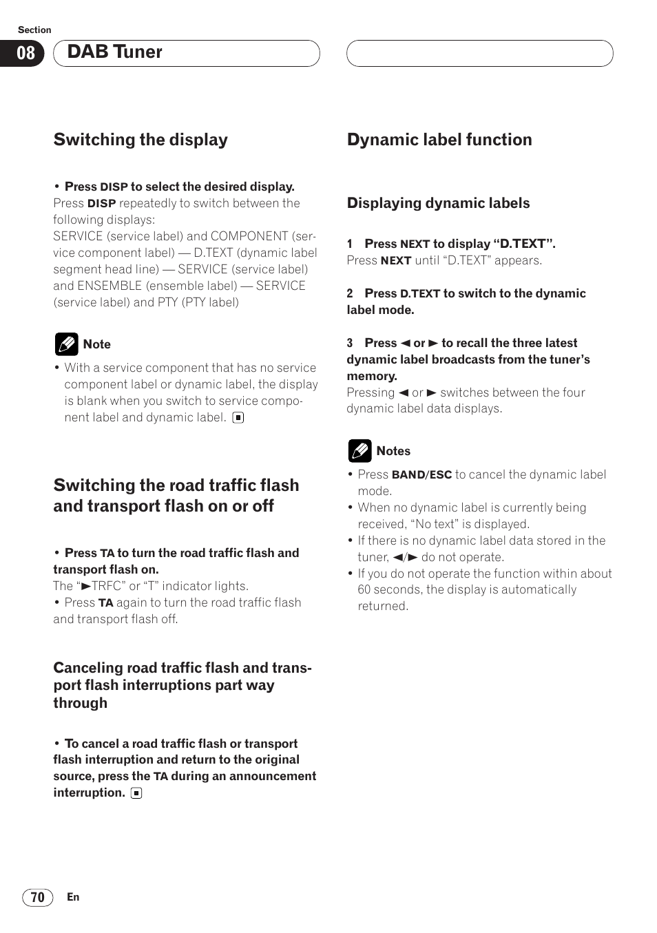 Canceling road traffic flash and, Transport flash interruptions part way through 70, Dynamic label function 70 | Displaying dynamic labels 70, Dab tuner, Switching the display, Dynamic label function | Pioneer ANH-P9R-BK User Manual | Page 70 / 92