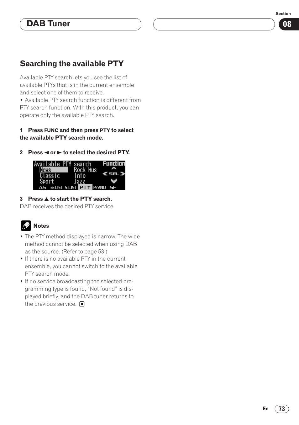 Searching the available pty 73, Dab tuner, Searching the available pty | Pioneer ANH-P9R-BK User Manual | Page 73 / 92