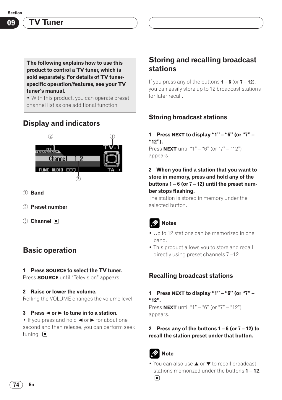 Tv tuner, Display and indicators, Basic operation | Storing and recalling broadcast stations | Pioneer ANH-P9R-BK User Manual | Page 74 / 92