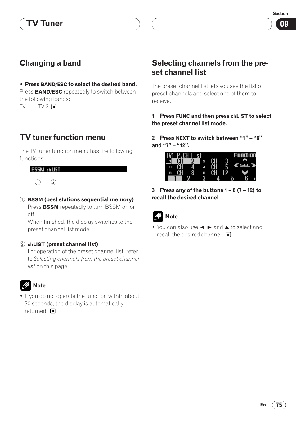 Channel list 75, Tv tuner, Changing a band | Tv tuner function menu, Selecting channels from the pre- set channel list | Pioneer ANH-P9R-BK User Manual | Page 75 / 92