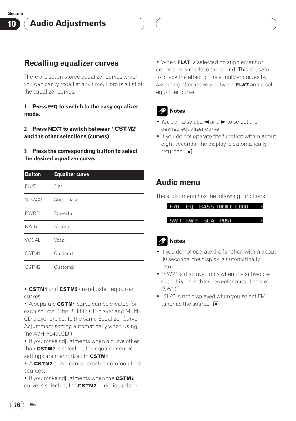 Audio adjustments, Recalling equalizer curves, Audio menu | Pioneer ANH-P9R-BK User Manual | Page 76 / 92