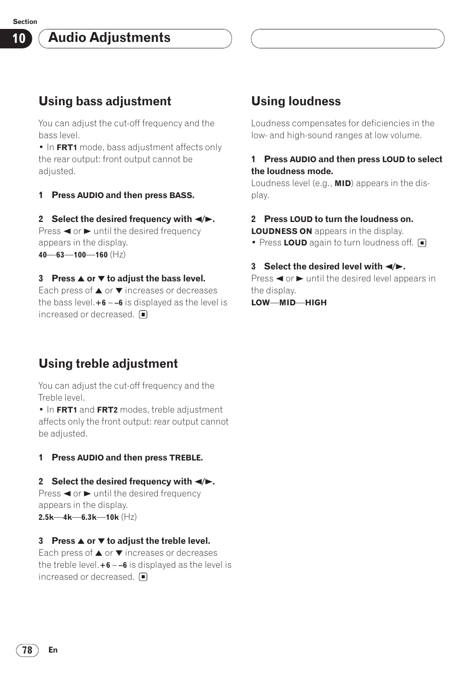 Audio adjustments, Using bass adjustment, Using treble adjustment | Using loudness | Pioneer ANH-P9R-BK User Manual | Page 78 / 92