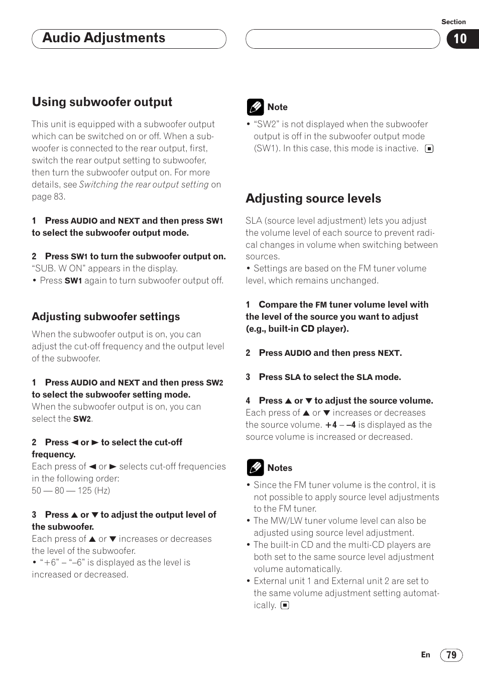 Using subwoofer output 79, Adjusting subwoofer settings 79, Adjusting source levels 79 | Audio adjustments, Using subwoofer output, Adjusting source levels | Pioneer ANH-P9R-BK User Manual | Page 79 / 92