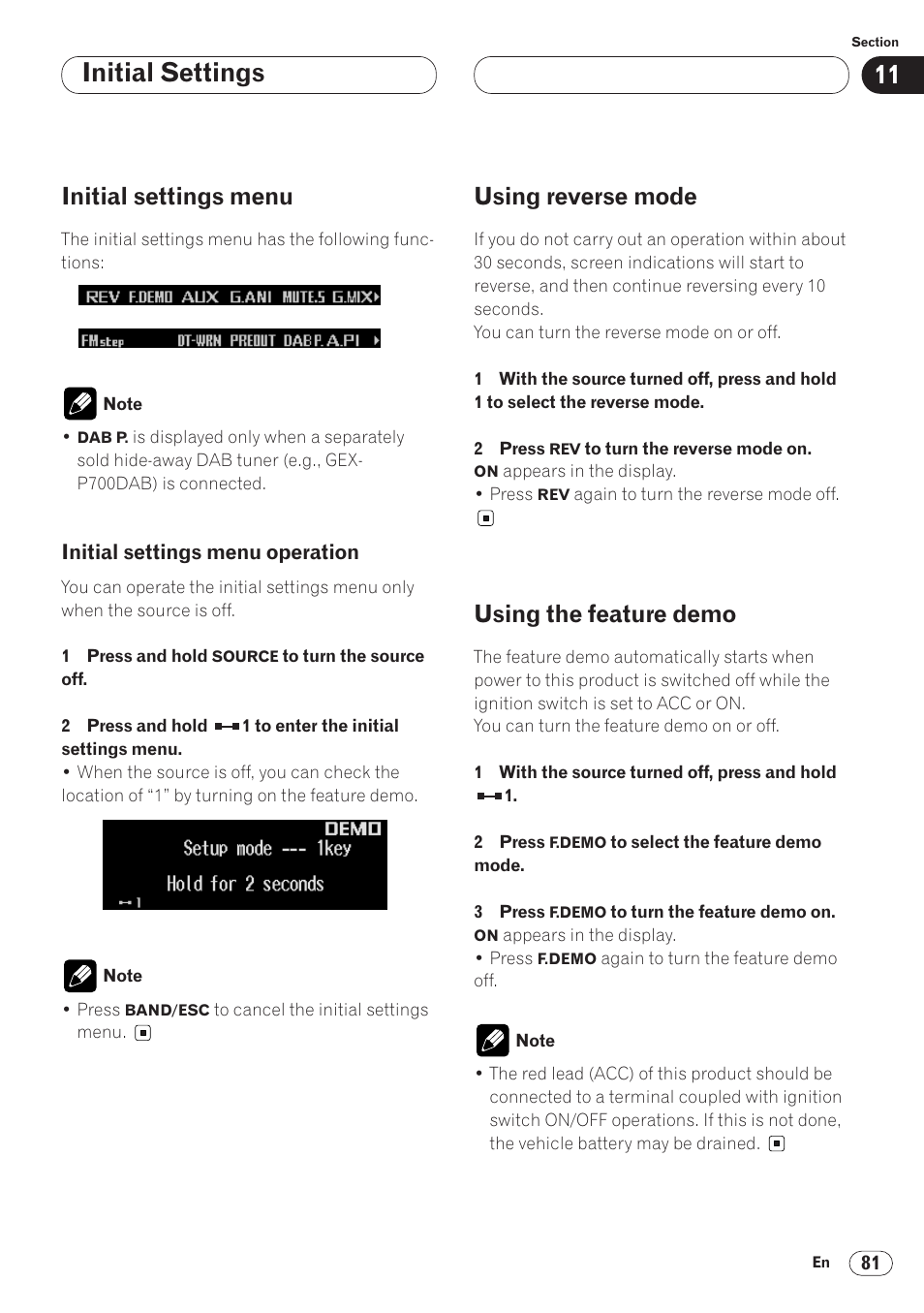 Initial settings initial settings menu 81, Initial settings menu operation 81, Using reverse mode 81 using the feature demo 81 | Initial settings, Initial settings menu, Using reverse mode, Using the feature demo | Pioneer ANH-P9R-BK User Manual | Page 81 / 92