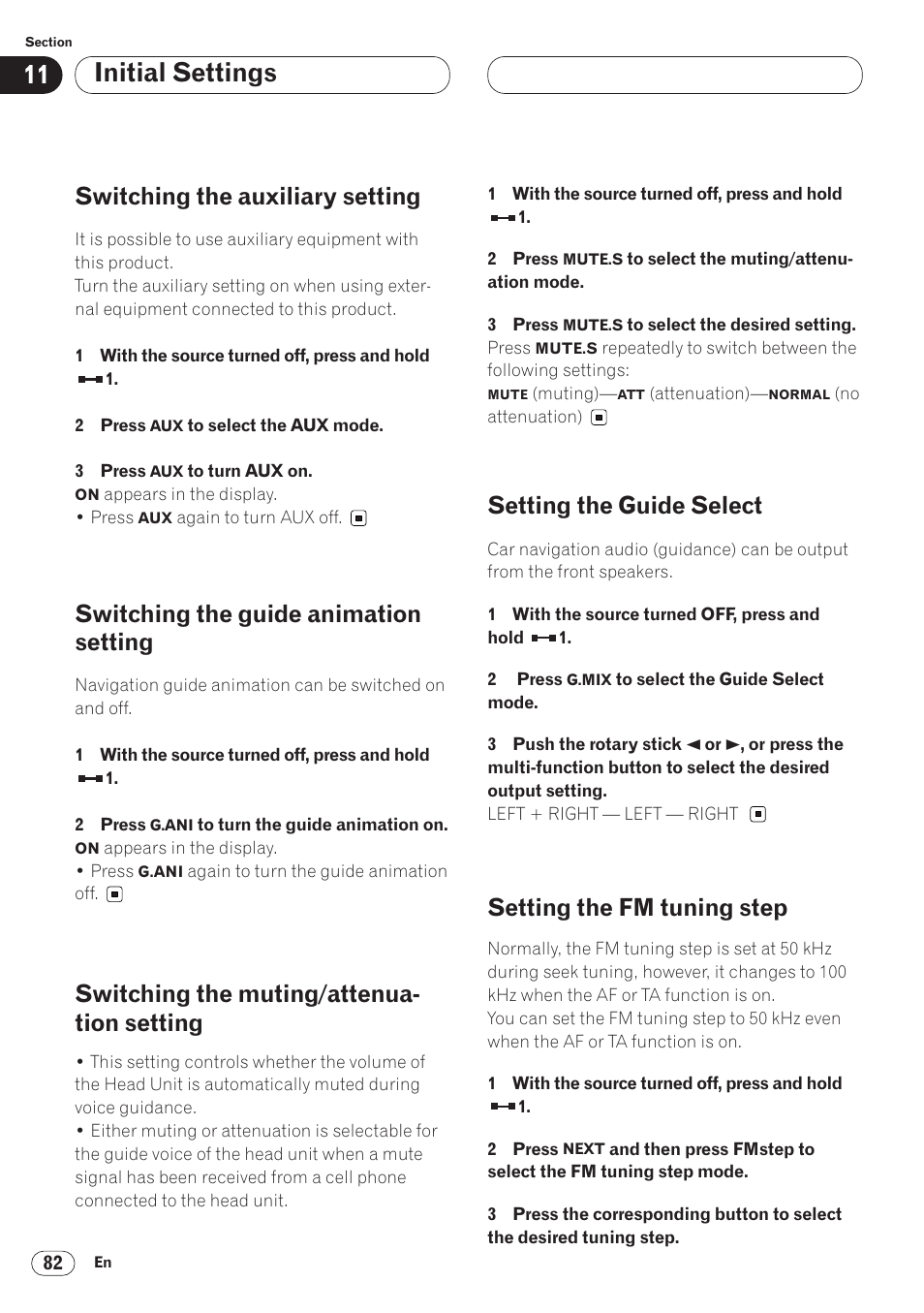Setting 82, Initial settings, Switching the auxiliary setting | Switching the guide animation setting, Switching the muting/attenua- tion setting, Setting the guide select, Setting the fm tuning step | Pioneer ANH-P9R-BK User Manual | Page 82 / 92