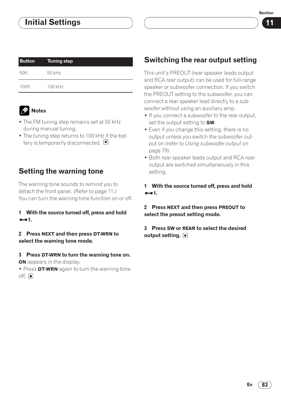 Initial settings, Setting the warning tone, Switching the rear output setting | Pioneer ANH-P9R-BK User Manual | Page 83 / 92