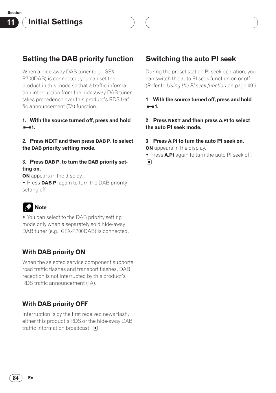 Initial settings, Setting the dab priority function, Switching the auto pi seek | Pioneer ANH-P9R-BK User Manual | Page 84 / 92