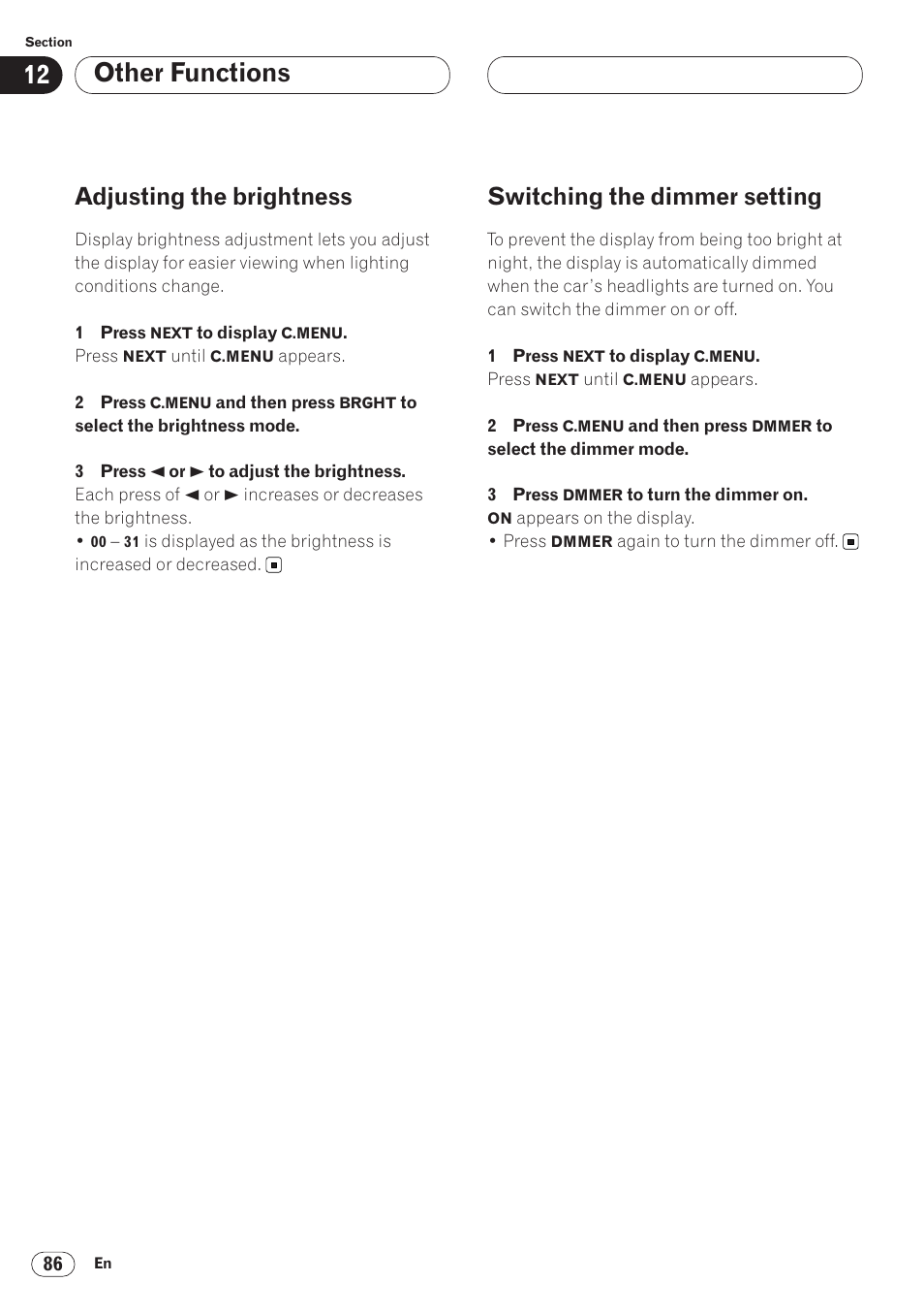 Other functions, Adjusting the brightness, Switching the dimmer setting | Pioneer ANH-P9R-BK User Manual | Page 86 / 92