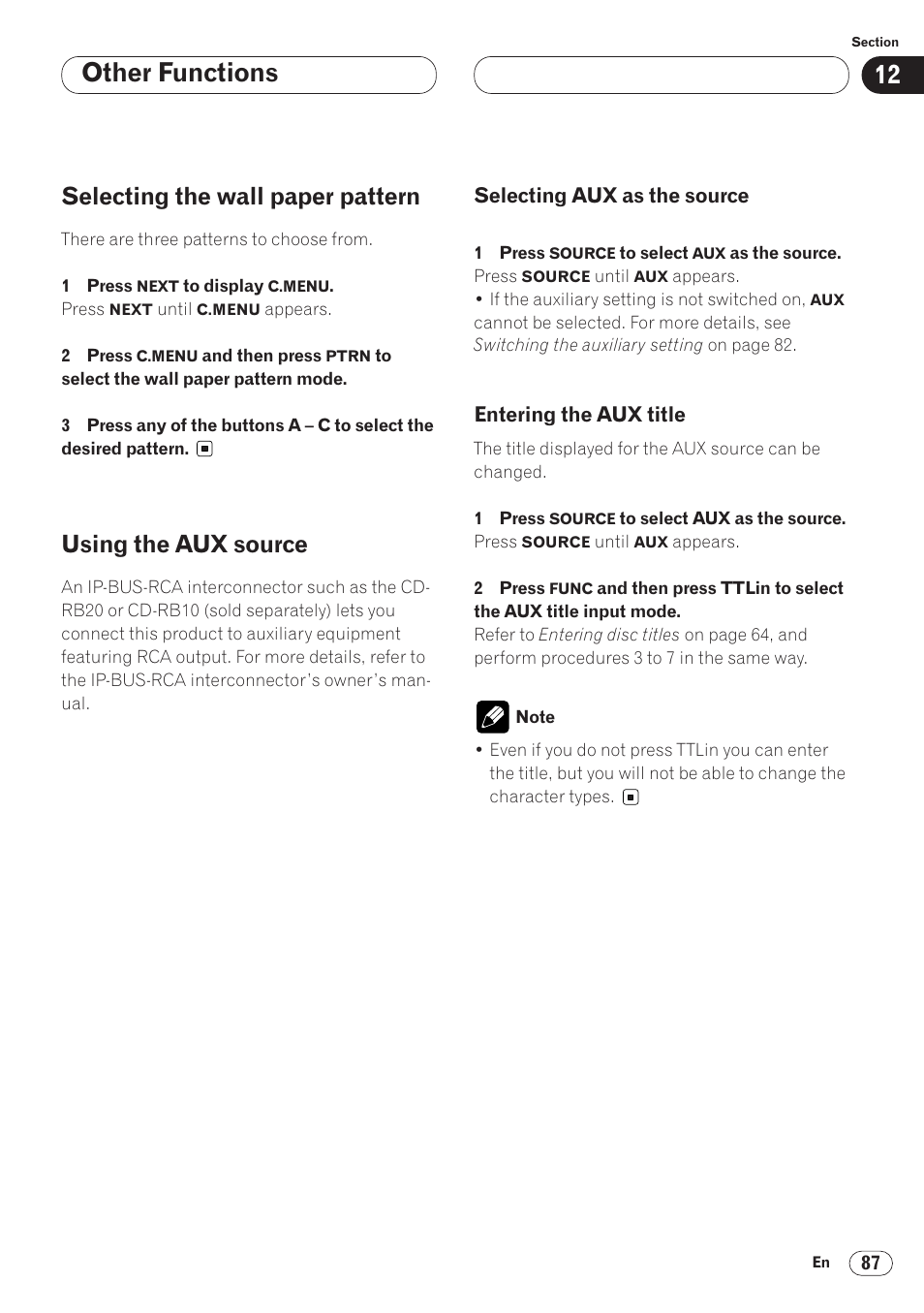 Other functions, Selecting the wall paper pattern, Using the aux source | Pioneer ANH-P9R-BK User Manual | Page 87 / 92