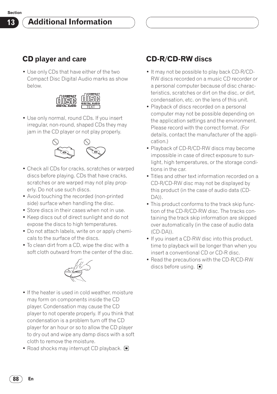 Additional information, Cd player and care, Cd-r/cd-rw discs | Pioneer ANH-P9R-BK User Manual | Page 88 / 92