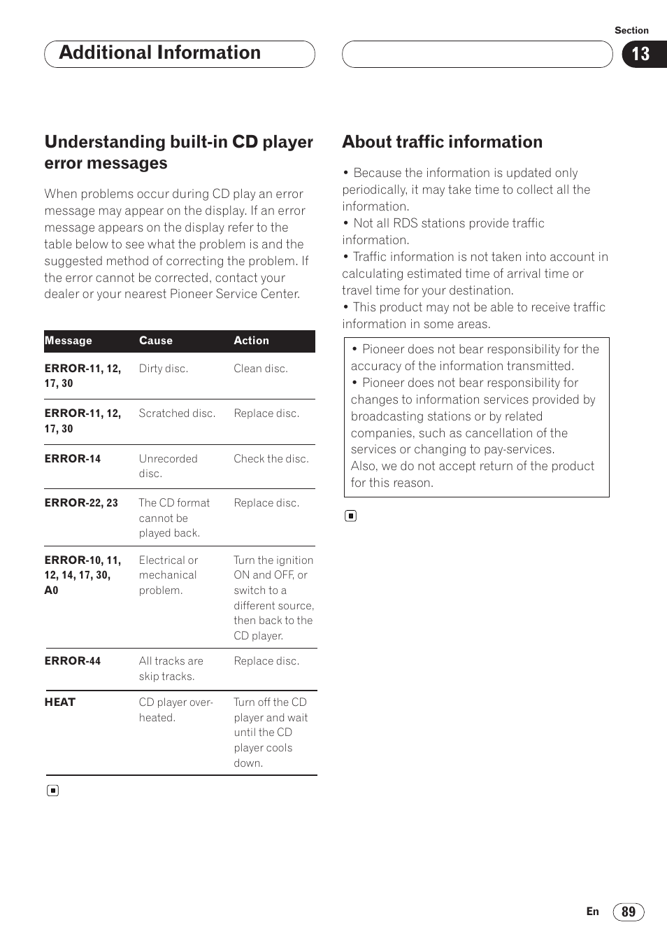 Understanding built-in cd player error, Messages 89, About traffic information 89 | Additional information, Understanding built-in cd player error messages, About traffic information | Pioneer ANH-P9R-BK User Manual | Page 89 / 92