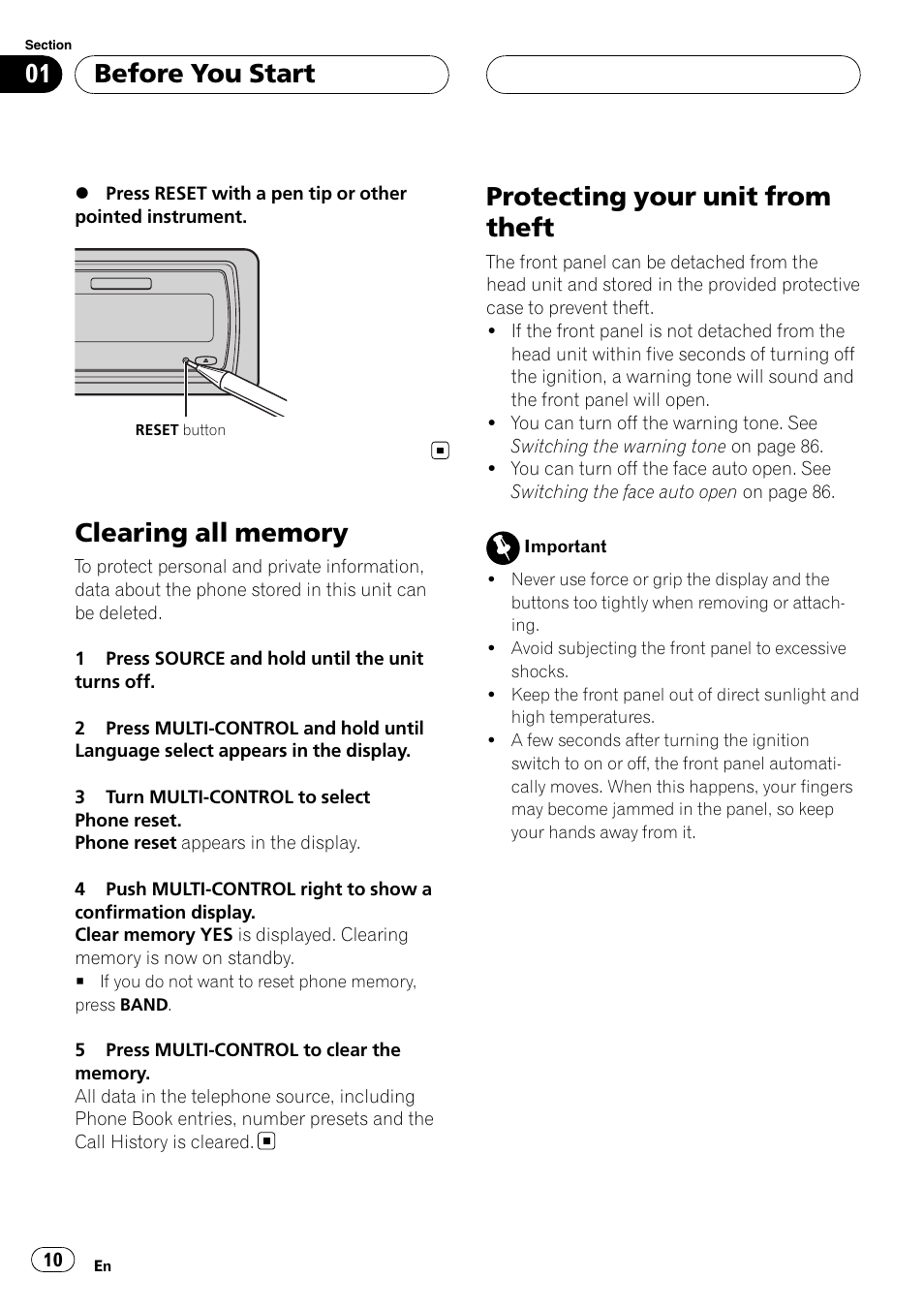 Clearing all memory, Protecting your unit from theft, Before you start | Pioneer DEH-P75BT User Manual | Page 10 / 207