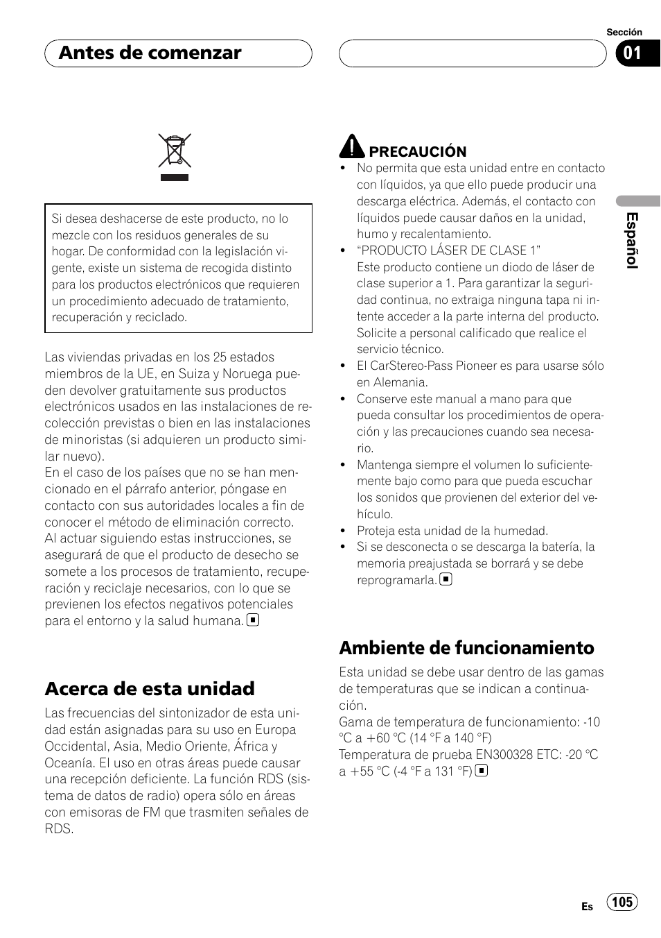 Antes de comenzar, Acerca de esta unidad, Ambiente de funcionamiento | Pioneer DEH-P75BT User Manual | Page 105 / 207
