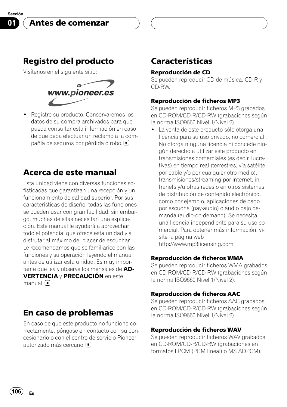 Registro del producto, Acerca de este manual, En caso de problemas | Características, Antes de comenzar | Pioneer DEH-P75BT User Manual | Page 106 / 207