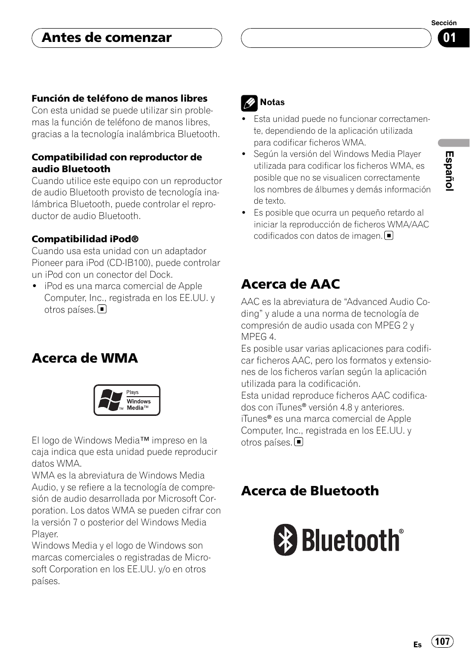 Acerca de wma, Acerca de aac, Acerca de bluetooth | Acerca de bluetooth antes de comenzar | Pioneer DEH-P75BT User Manual | Page 107 / 207