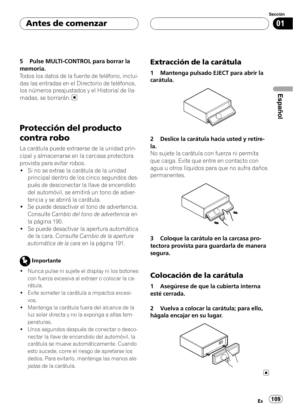 Protección del producto contra robo, Extracción de la carátula 109, Colocación de la carátula 109 | Antes de comenzar, Extracción de la carátula, Colocación de la carátula | Pioneer DEH-P75BT User Manual | Page 109 / 207