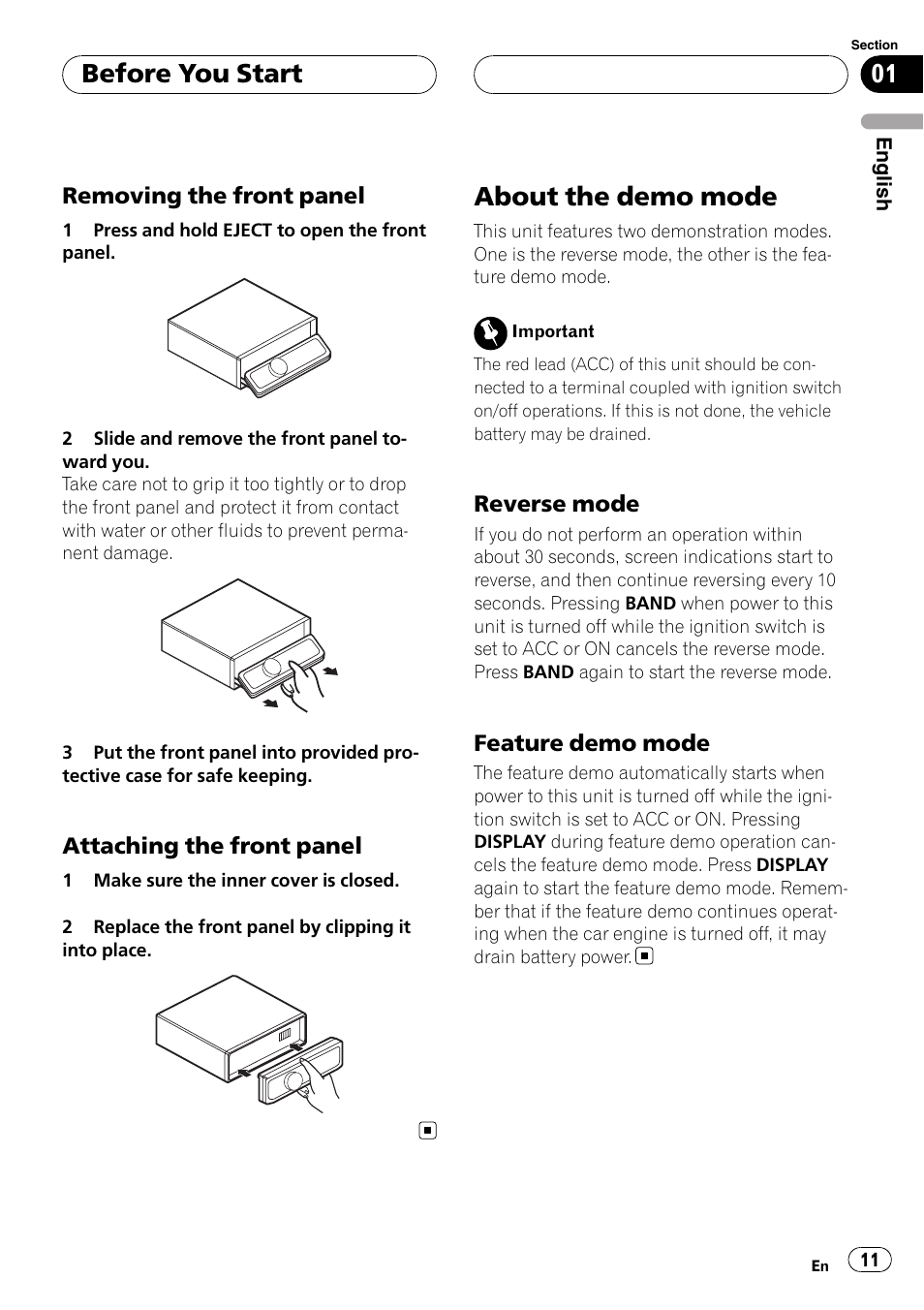 Removing the front panel 11, Attaching the front panel 11, About the demo mode | Reverse mode 11, Feature demo mode 11, Before you start | Pioneer DEH-P75BT User Manual | Page 11 / 207