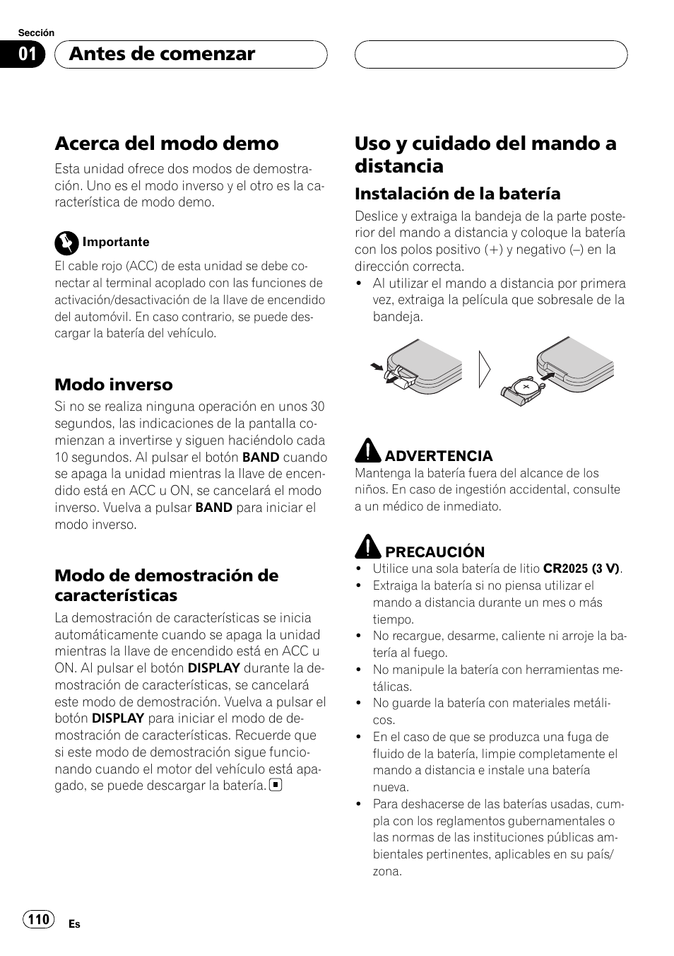 Acerca del modo demo, Modo inverso 110, Modo de demostración de | Características, Uso y cuidado del mando a distancia, Instalación de la batería 110, Antes de comenzar, Modo inverso, Modo de demostración de características, Instalación de la batería | Pioneer DEH-P75BT User Manual | Page 110 / 207