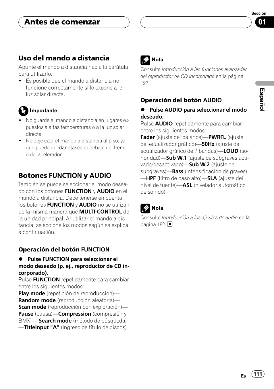 Uso del mando a distancia 111, Botones function y audio 111, Antes de comenzar | Uso del mando a distancia, Botones function y audio | Pioneer DEH-P75BT User Manual | Page 111 / 207