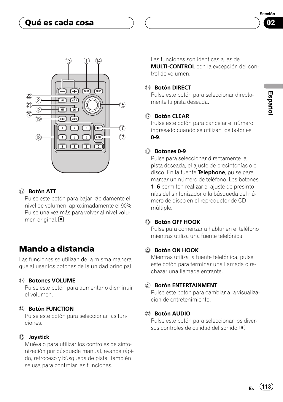 Mando a distancia, Qué es cada cosa | Pioneer DEH-P75BT User Manual | Page 113 / 207