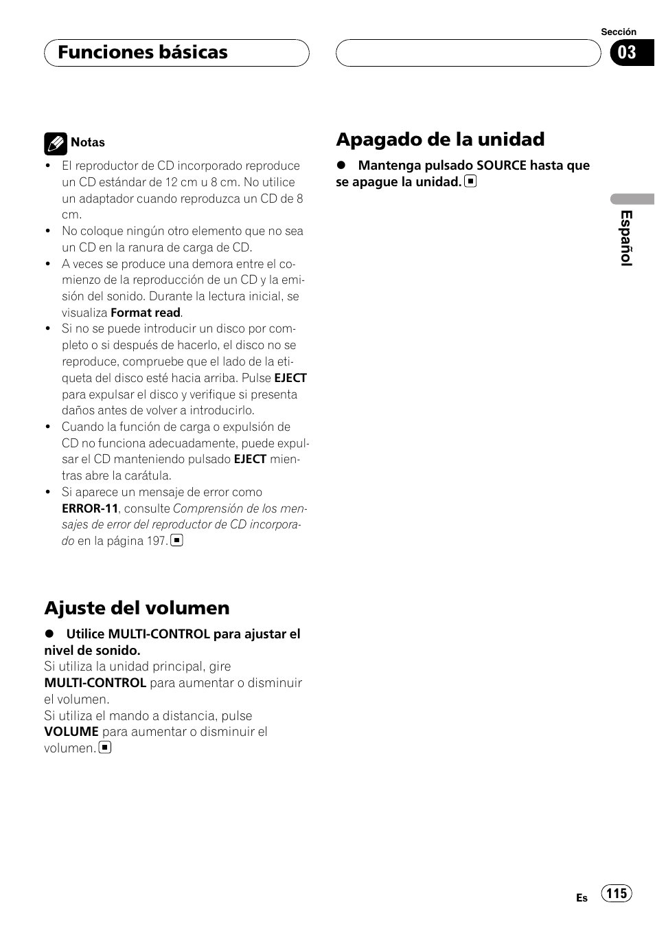 Ajuste del volumen, Apagado de la unidad, Funciones básicas | Pioneer DEH-P75BT User Manual | Page 115 / 207