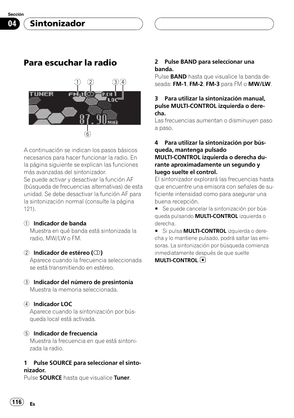 Sintonizador para escuchar la radio, Para escuchar la radio, Sintonizador | Pioneer DEH-P75BT User Manual | Page 116 / 207