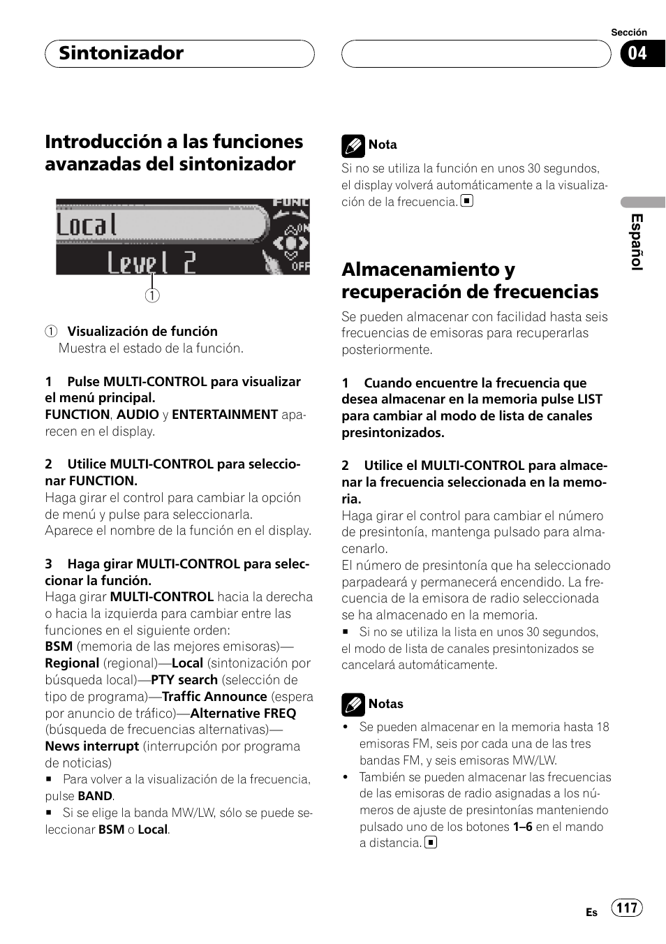 Introducción a las funciones avanzadas del, Sintonizador, Almacenamiento y recuperación de | Frecuencias, Almacenamiento y recuperación de frecuencias | Pioneer DEH-P75BT User Manual | Page 117 / 207