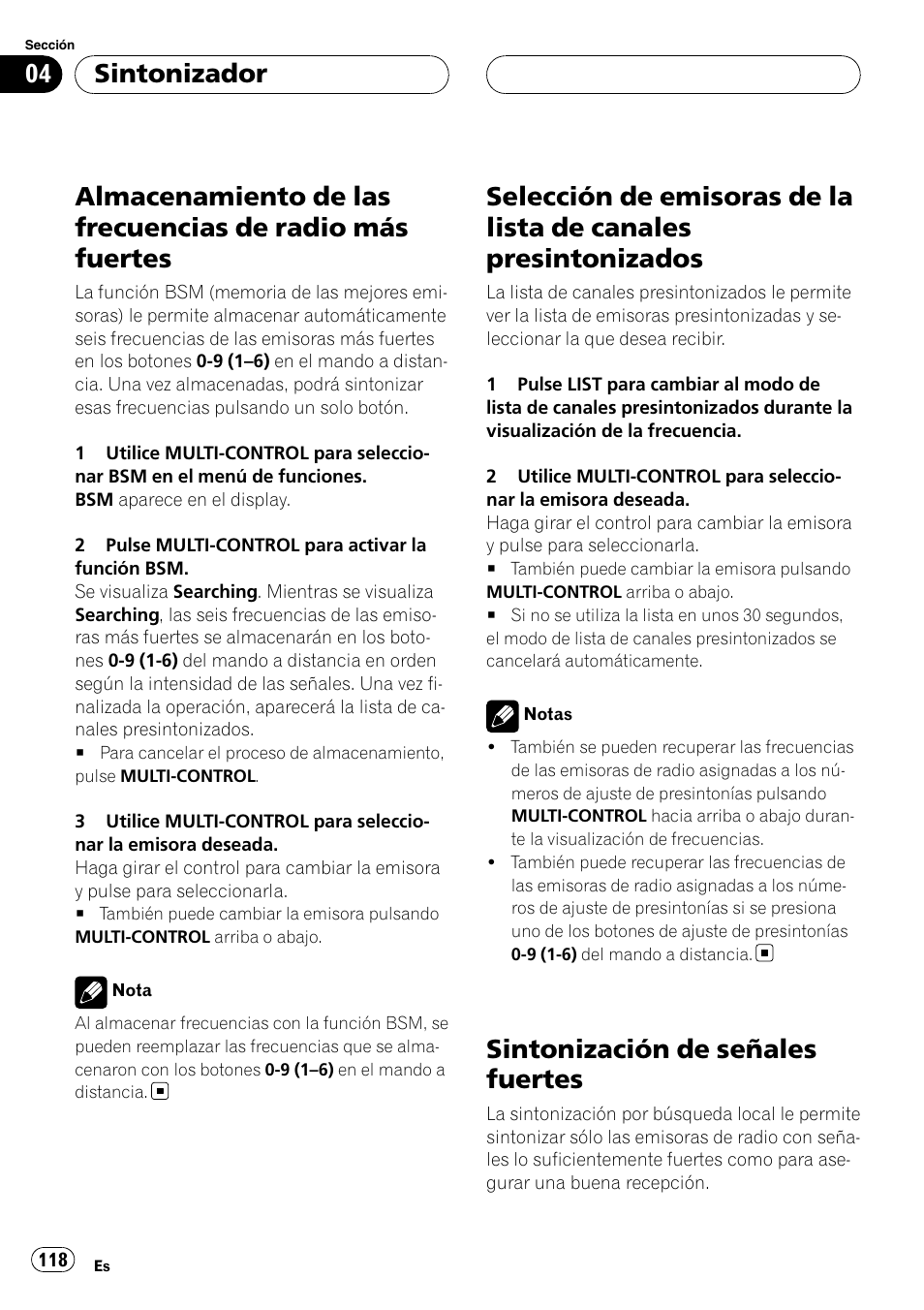 Almacenamiento de las frecuencias de radio, Más fuertes, Selección de emisoras de la lista de canales | Presintonizados, Sintonización de señales fuertes, Sintonizador | Pioneer DEH-P75BT User Manual | Page 118 / 207