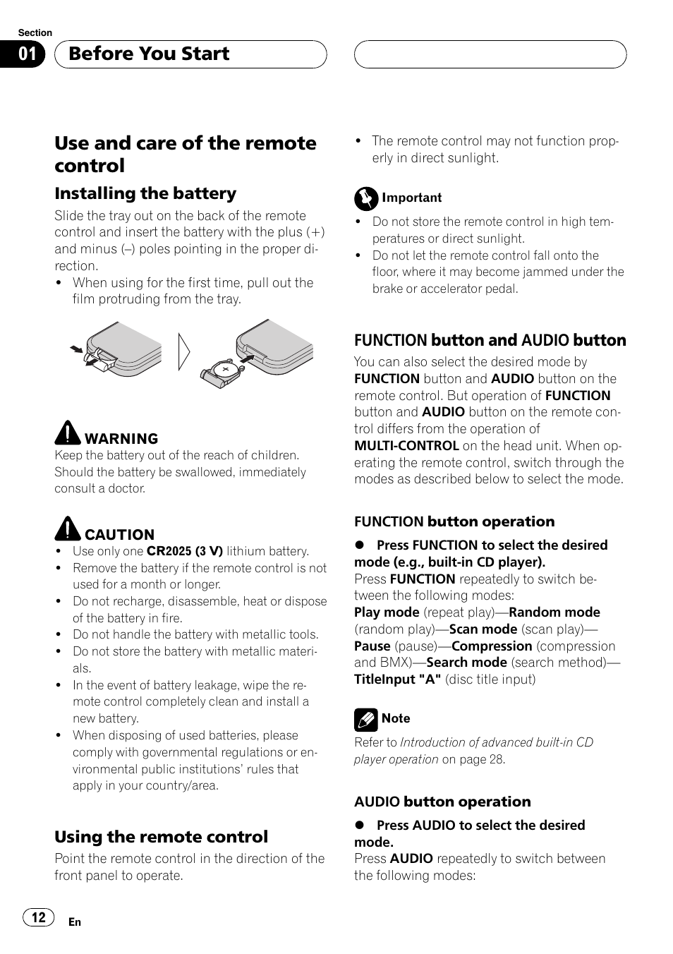 Use and care of the remote control, Installing the battery 12, Using the remote control 12 | Function button and audio, Button, Before you start, Installing the battery, Using the remote control, Function button and audio button | Pioneer DEH-P75BT User Manual | Page 12 / 207